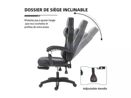 Fauteuil de gaming réglable avec repose-pied, coussin de tête et coussin lombaire - noir et gris