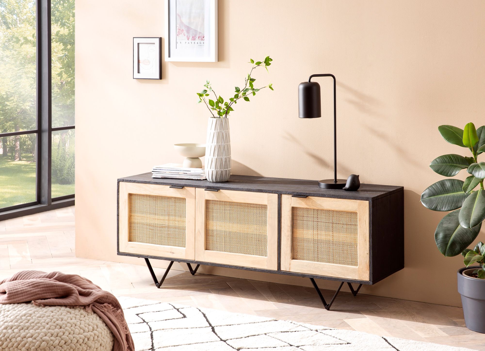Sideboard FineBuy Anrichte 145x55x40 cm Massivholz Rattan Kommodenschrank Modern