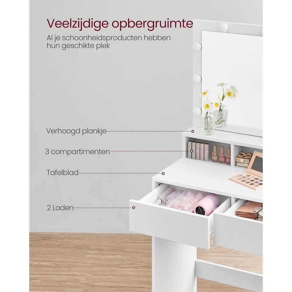 Bobbel Home - Witte Kaptafel - Rechthoekige spiegel - Gloeilampen