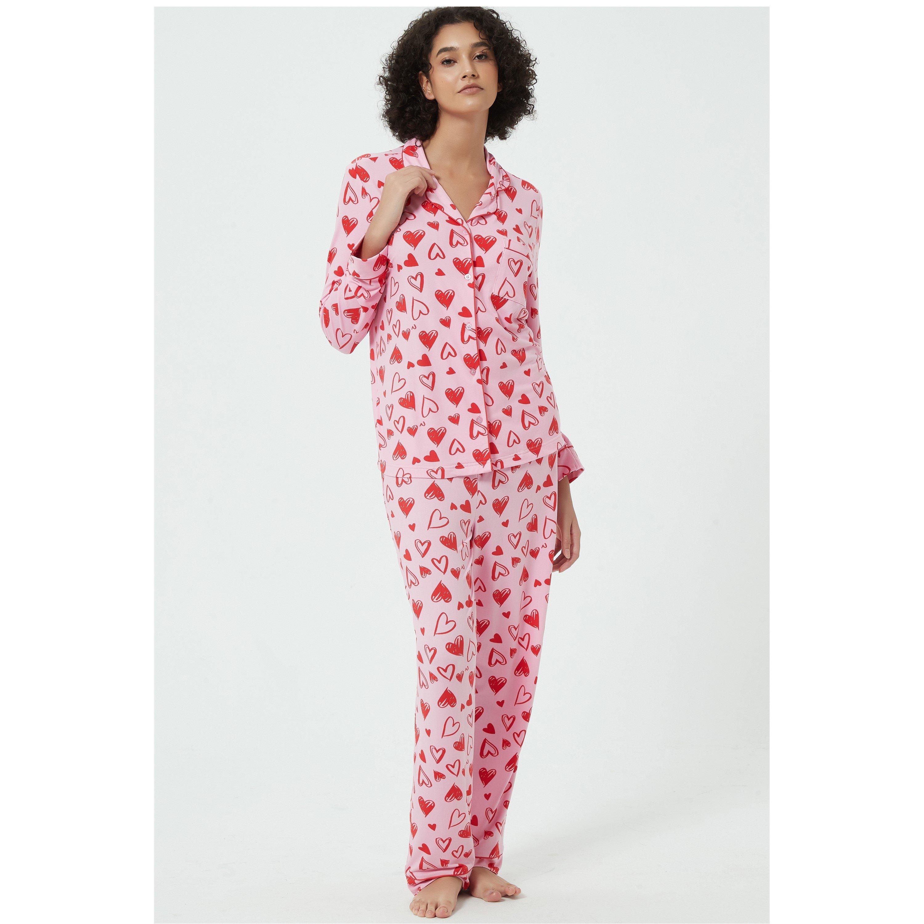 Linea Ladies Scribble Heart Soft Touch Button Through Pyjama Set