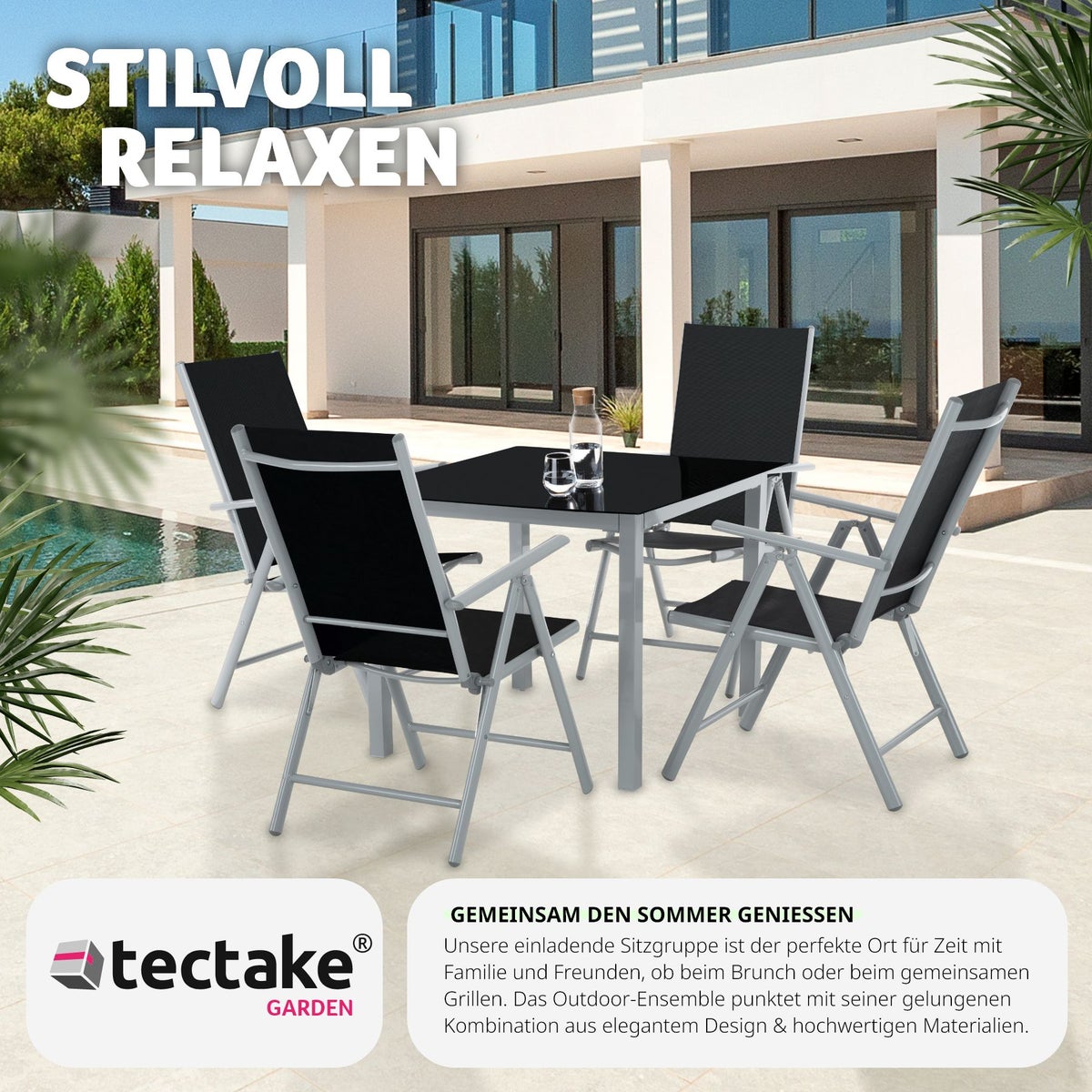 tectake Stabia zitgroep met aluminium frame, voor 4 personen, tafel met veiligheidsglasplaat en stelschroeven