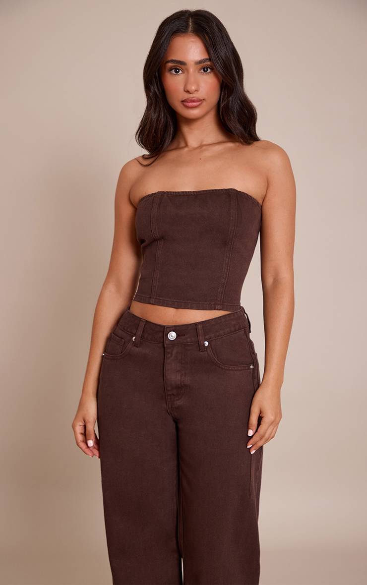 Chocolat Top Bandeau En Denim Avec Détails De Coutures Petite