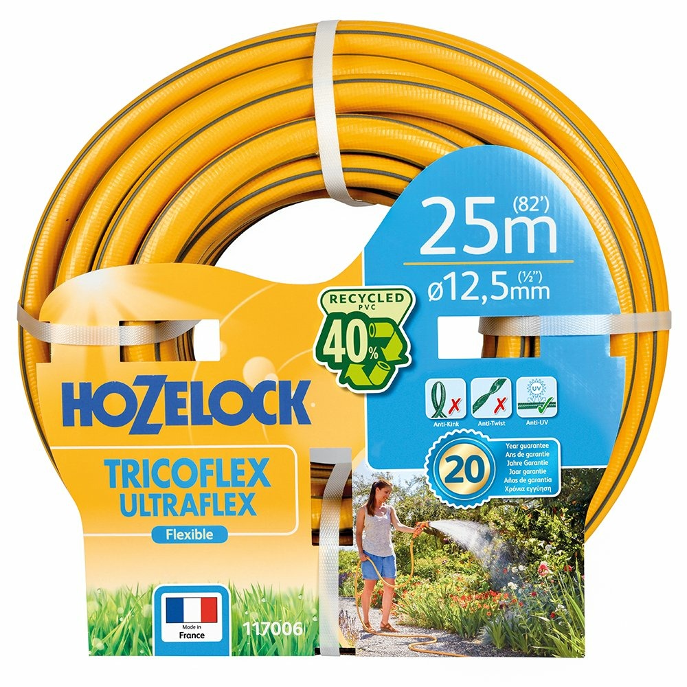 Tuyau d’arrosage ultraflex anti torsion 40 % pvc recyclé 19 mm 50 m jaune gris