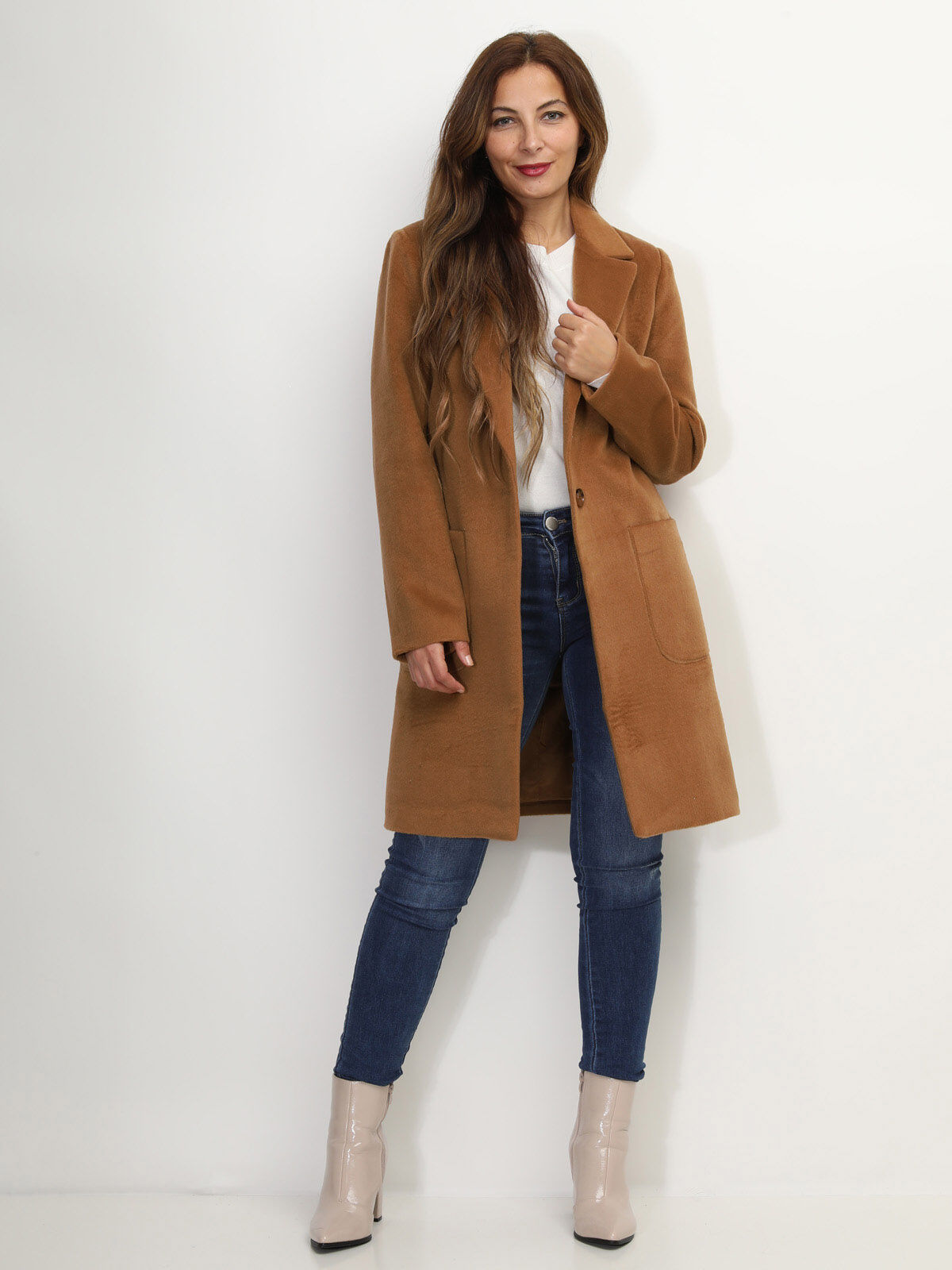 Manteau en laine à col revers- Camel