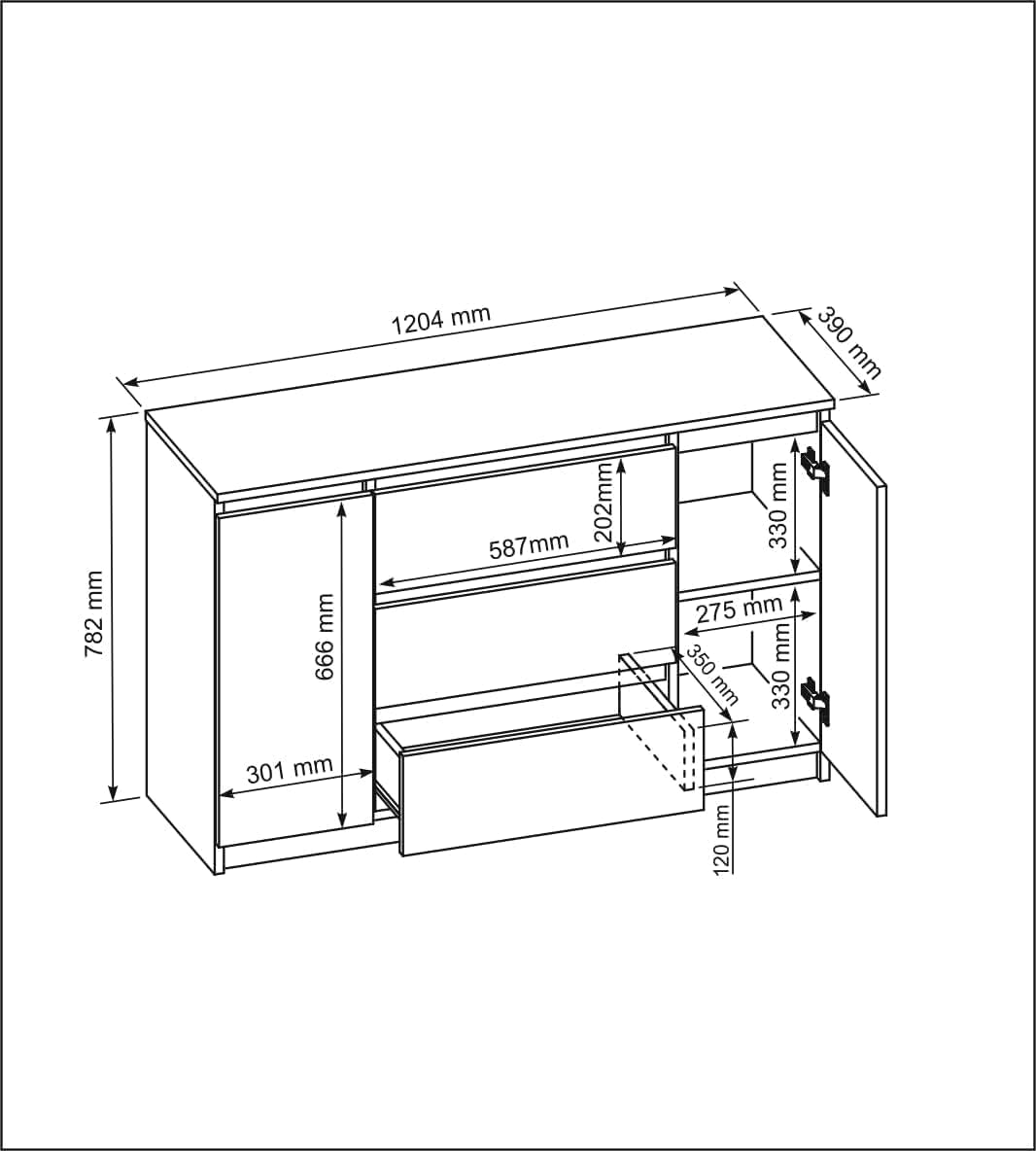 meble masztalerz Kommode 120 cm Breit - Modernes Sideboard - Highboard mit 3 Schubladen - Schubladenschrank - Kommodenschrank für Wohnzimmer, Flur, Schlafzimmer - Schwarz 120x78,2x39 cm