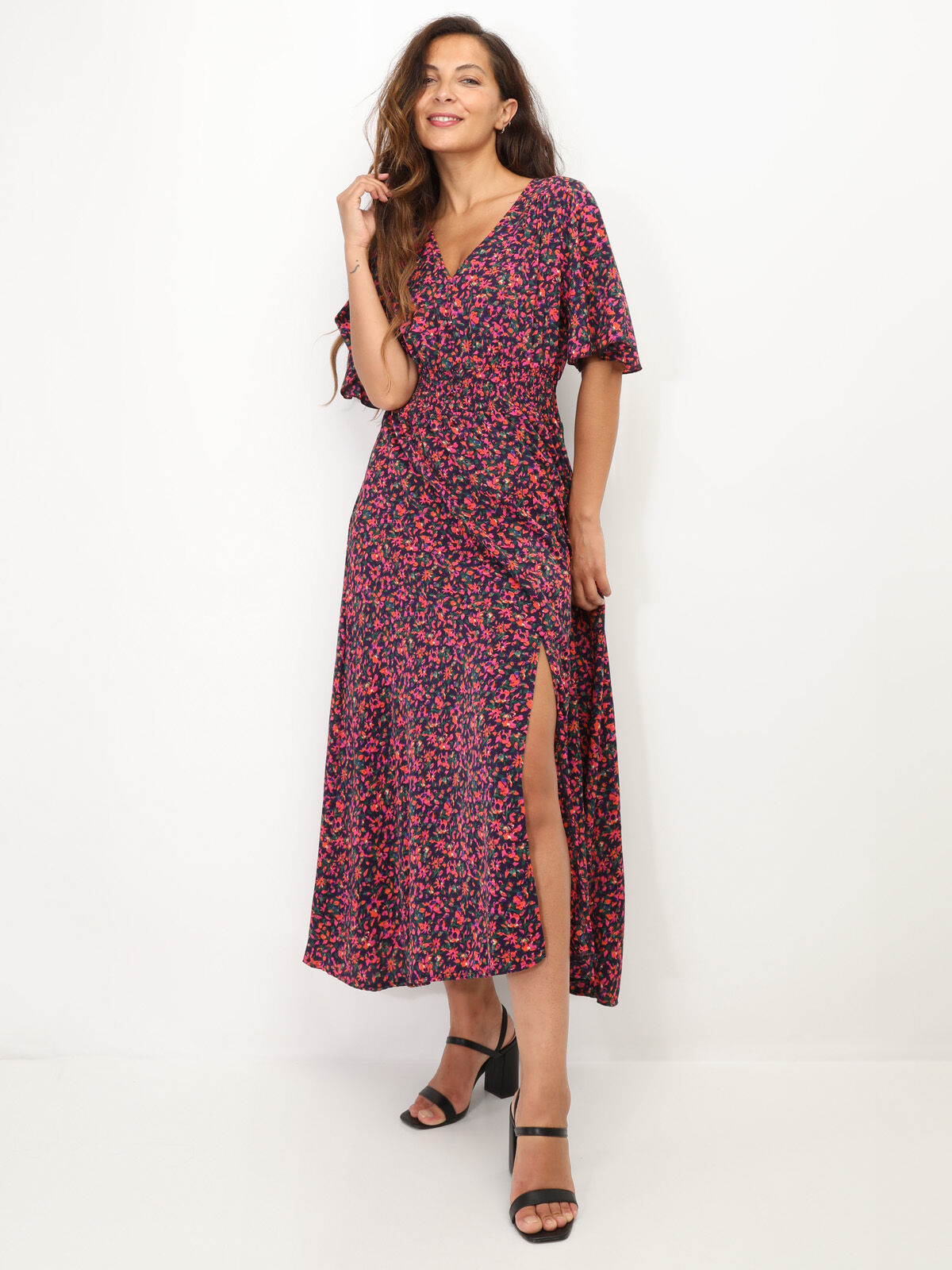 Robe fendue à motif petites fleurs- Fuchsia