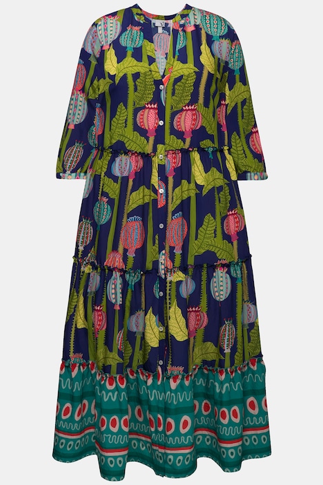Maxikleid, Stehkragen, V-Ausschnitt, 3/4-Arm, Knöpfe