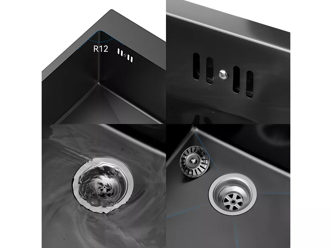 Évier Cuisine 1 Bac Gris Noir,44*49*20 CM,Lavabo Cuisine avec Distributeur Savon,Inox,Évier encastré/à Poser Évier avec Trou Montage pour Robinet