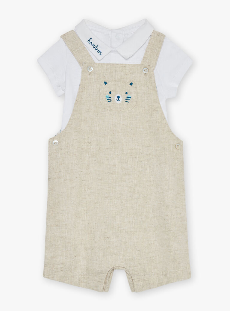 Salopette courte beige en lin et body écru