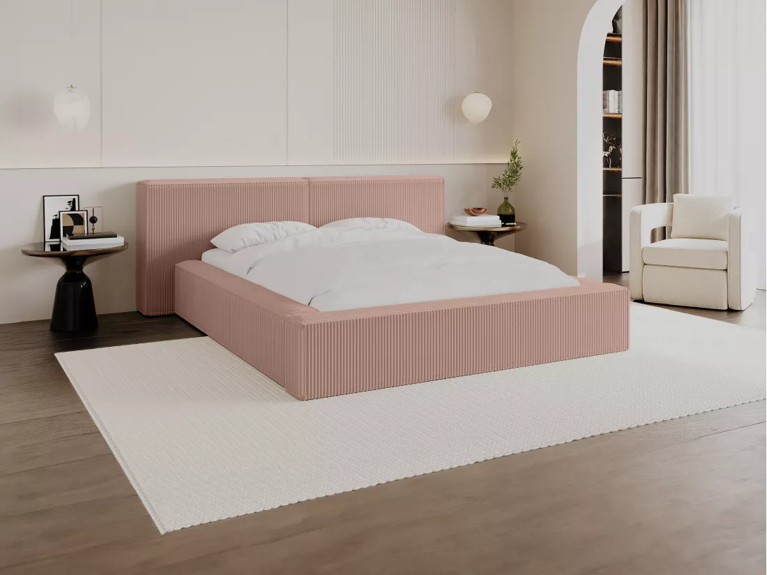 Lit coffre 160 x 200 cm - Velours côtelé - Rose + Matelas - TIMANO de Pascal Morabito