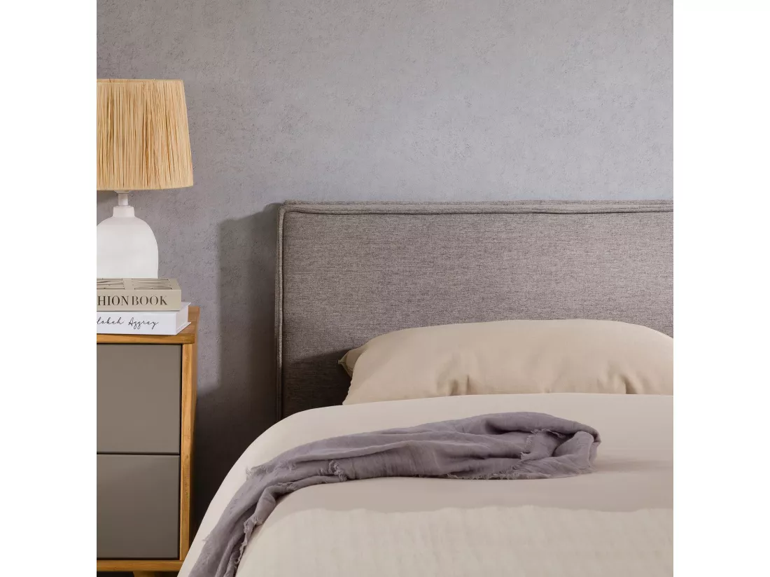 Tête de lit DACIO 120 rembourrée, En tissu polyester pour lit 120 cm, Sur pieds en plastique, Gris