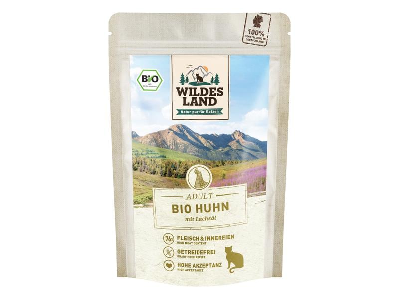 Wildes Land Nassfutter Adult BIO Huhn PUR m. Lachsöl 85 g Hochwertiges Biofutter aus Huhn und Lachsöl
