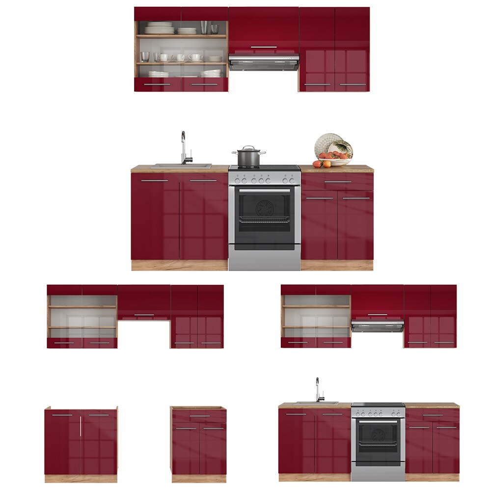 Vicco Küchenzeile Küchenblock Einbauküche Fame-Line Eiche Bordeaux Rot 200 cm modern Küchen Schränke Schubunterschrank Spülenunterschrank Hängeschrank Hängeglasschrank Hochglanz