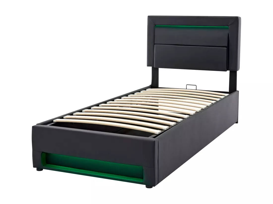Lit coffre 90 x 200 cm avec tête de lit - Prises USB et LEDs - Cuir PU - Sommier à lattes - Noir(sans matelas)