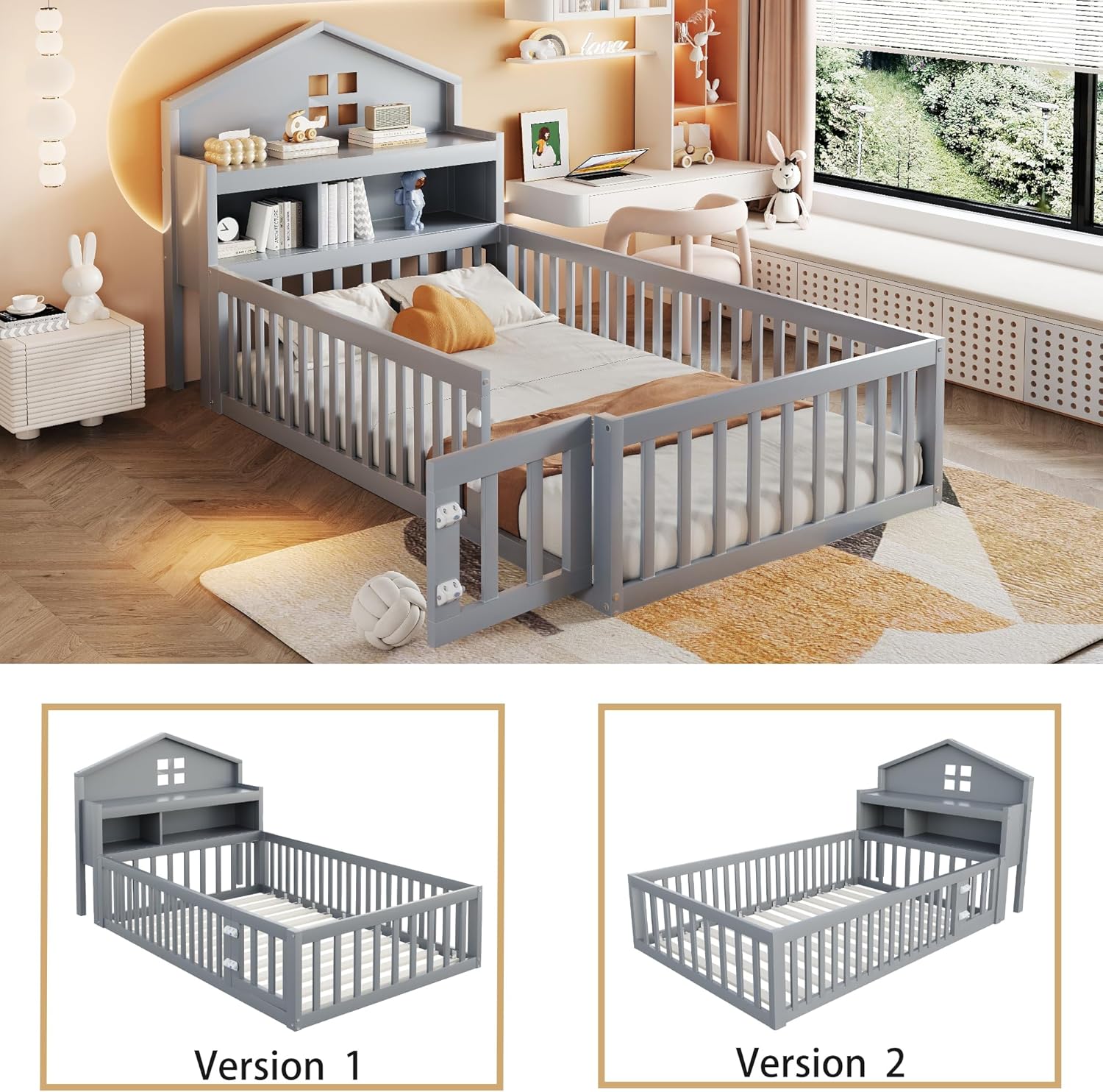 Kinderbett mit Lattenrost und Zaun, Rausfallschutz, Stauraum, Jugendbett, Holzbett, Kiefer (grau, 90x200 cm)