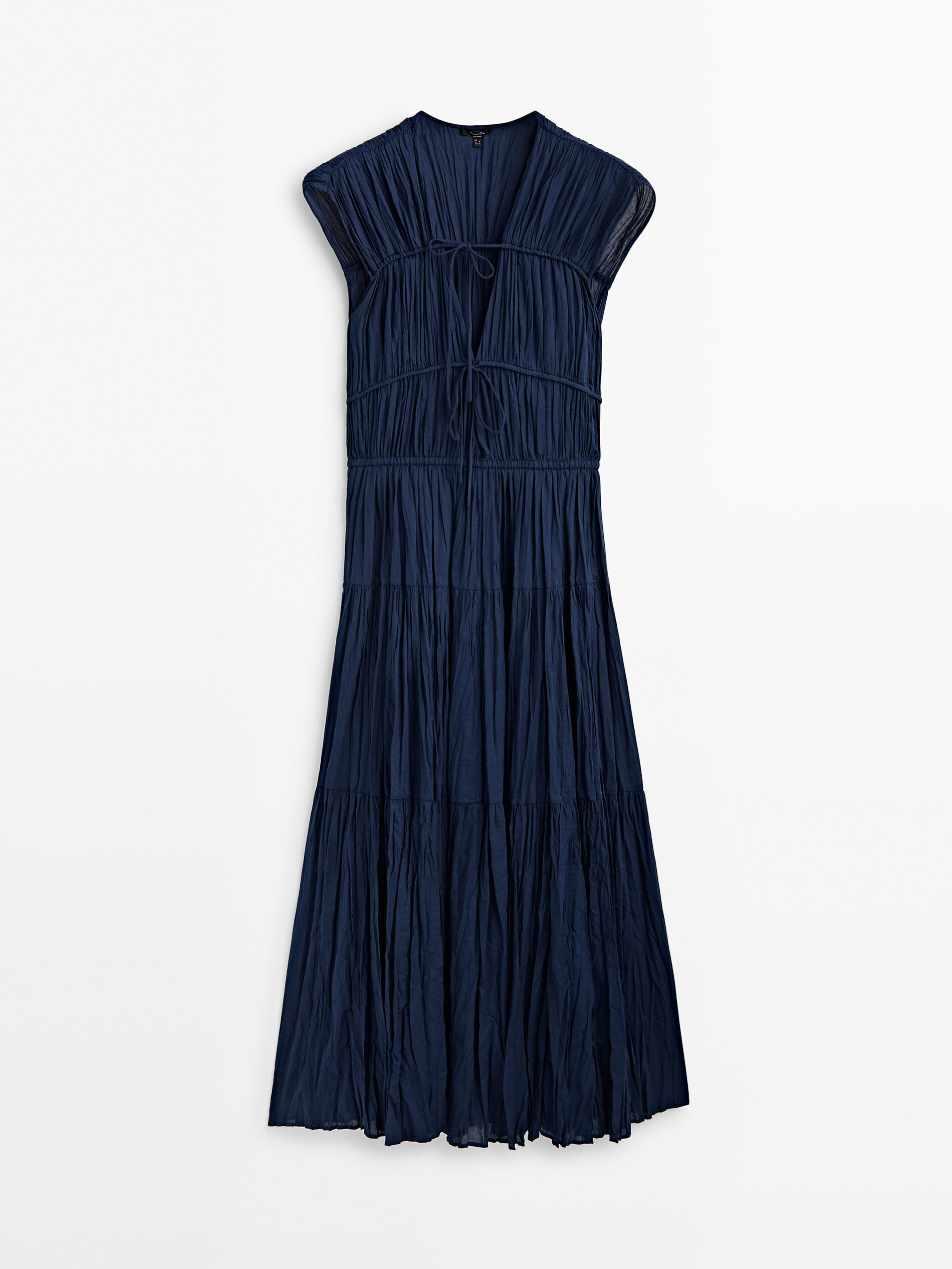 Vestido plissado com detalhe de laço - AZUL MARINHO