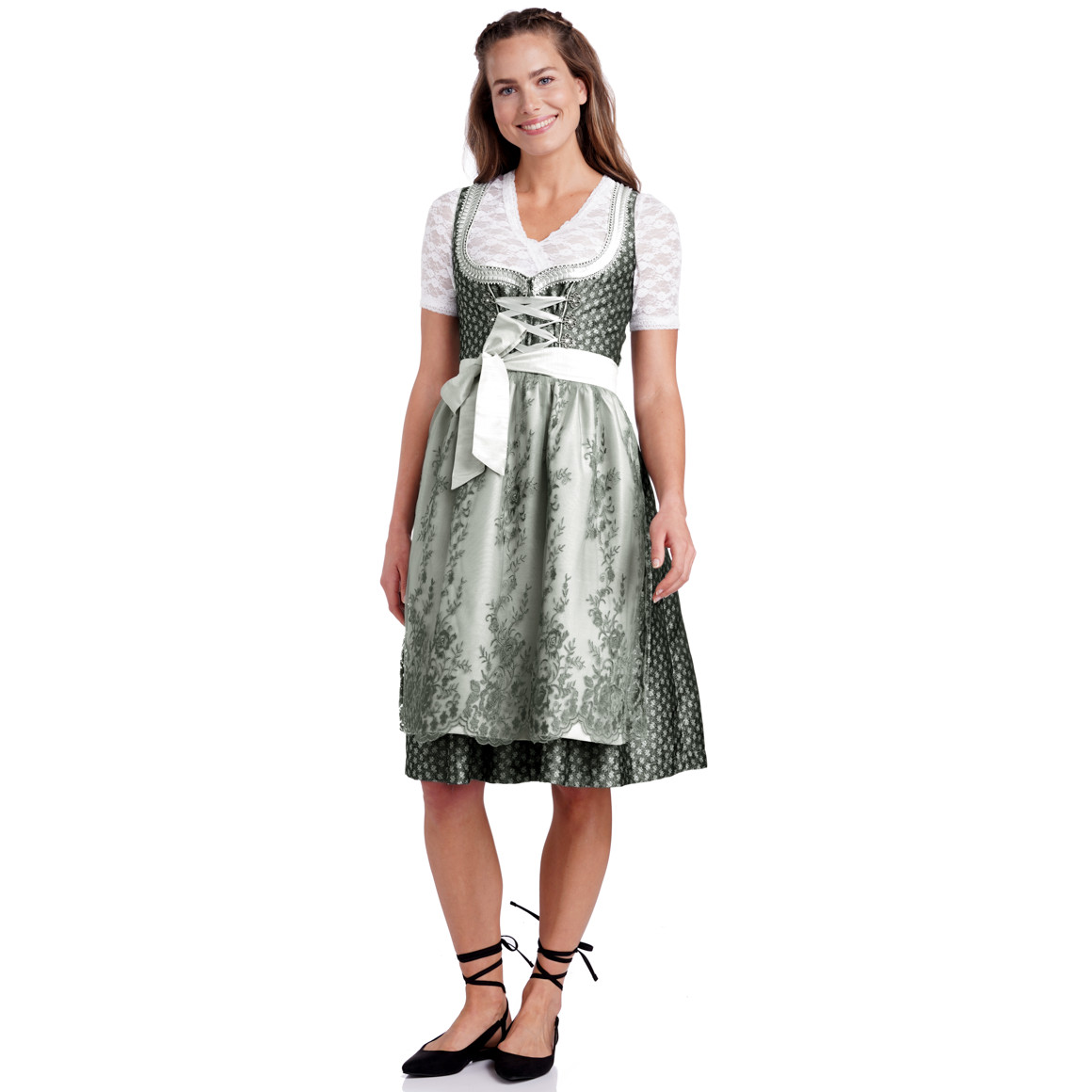 Gina Benotti Damen Dirndl mit Spitzen-Details dunkelgrün / hellgrau