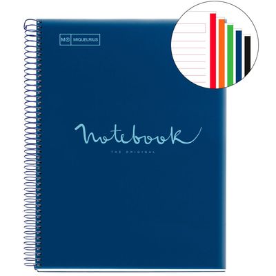 Notebook Emotions, couverture souple, A4 lignes horizontales 7 mm, 120 feuilles de 5 couleurs, Miquelrius, Marine.