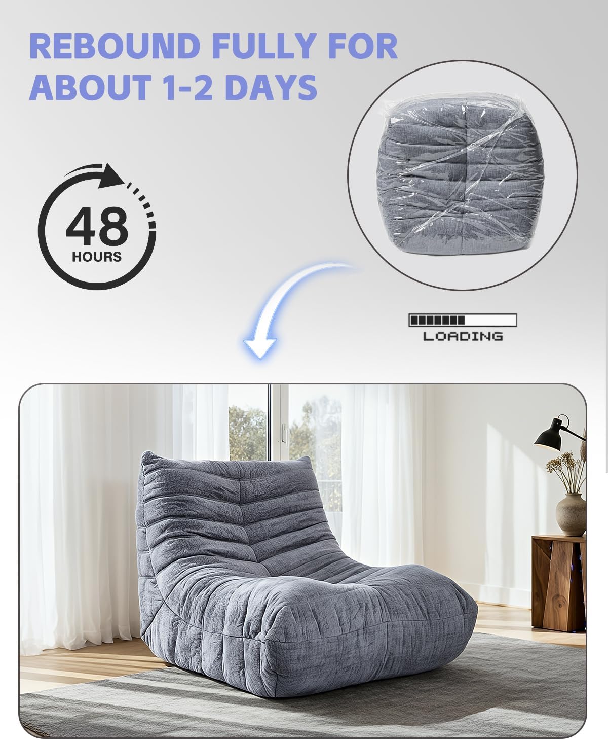 Hochdichtem Foam Sitzsack Sofa, Bodensofa aus Chenille Stoff mit Rückenlehne, Lesesessel für den Innenbereich, Lazy Sofa für Wohnzimmer & Schlafzimmer (Grau)