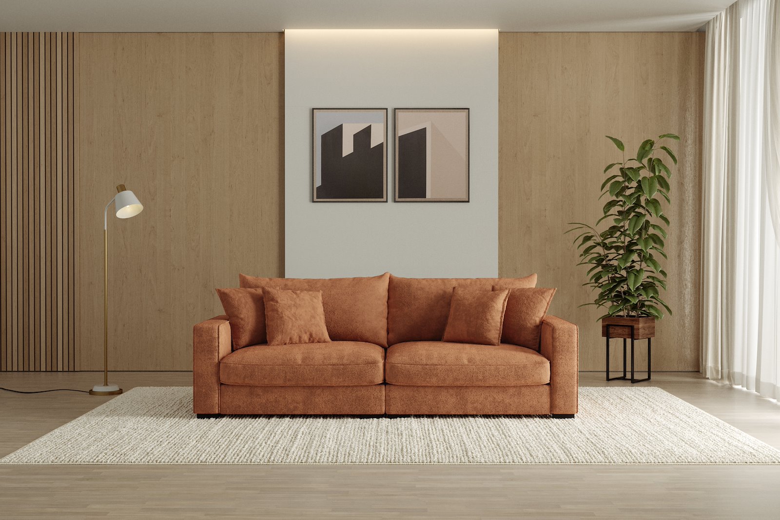 Rossi Lux 3-seter sofa Tekstil Genesis 9 Deep Terra, arm B med sorte ben. Lux Komfort.