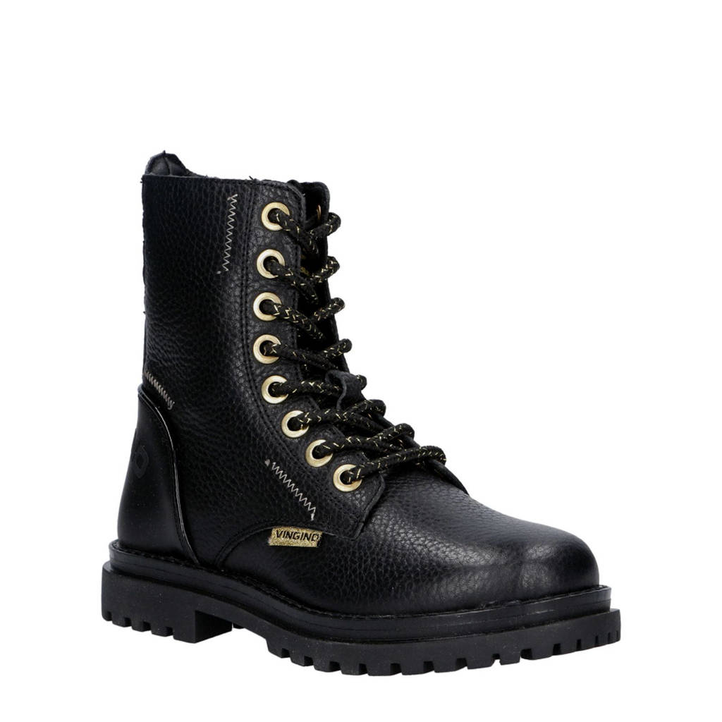 Vingino leren veterboots zwart