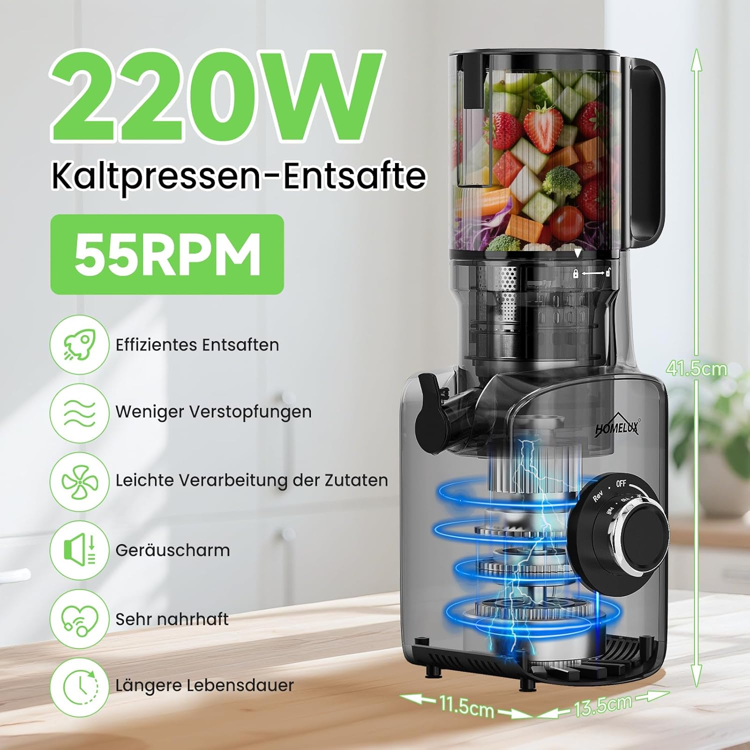 HOMELUX Entsafter 220W Slow Juicer 126 MM Einfüllschacht für Ganze Gemüse und Obst Kaltentsafter Elektrische mit 2 Tassen Reinigungsbürste, Upgraded Schnecke BPA-frei Einfache Reinigun, Silber