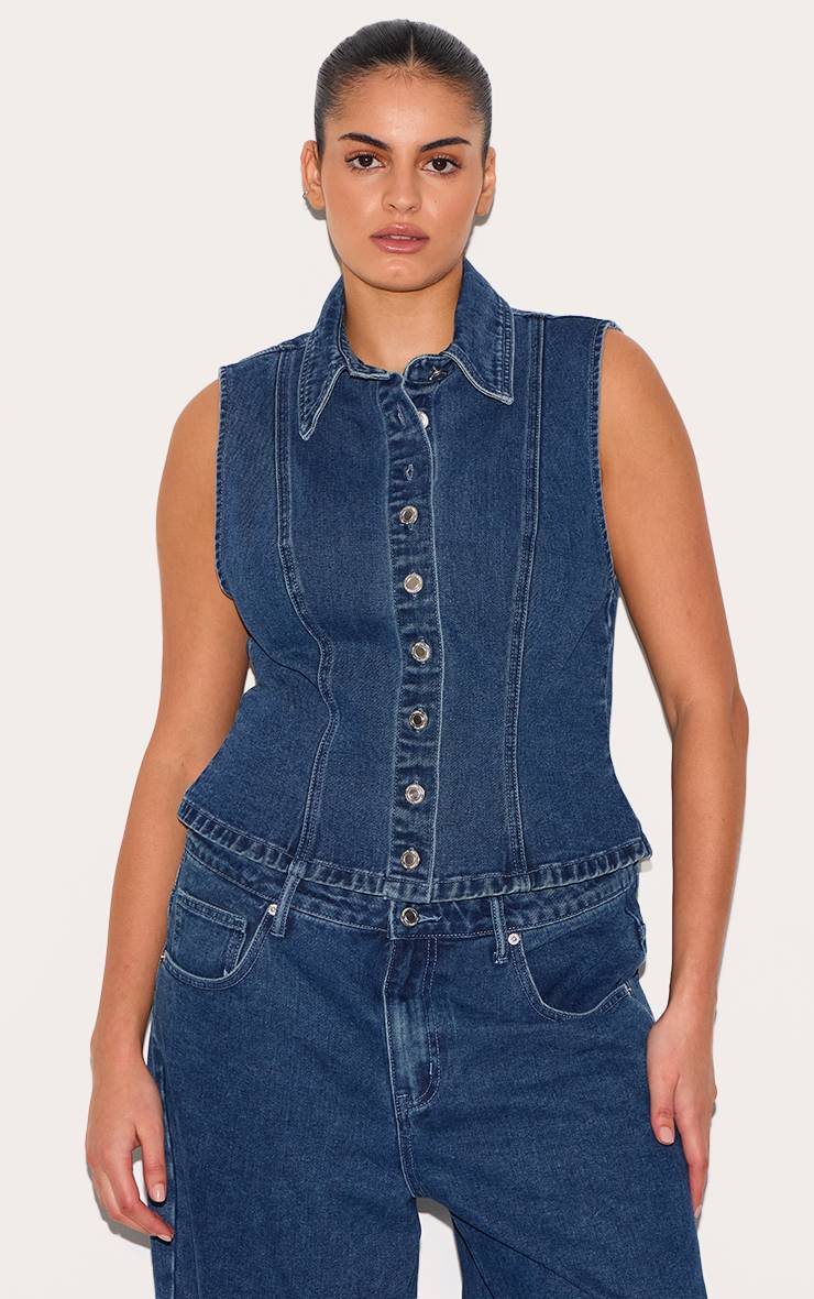 Bleu Foncé Gilet Col En Denim Grande Taille