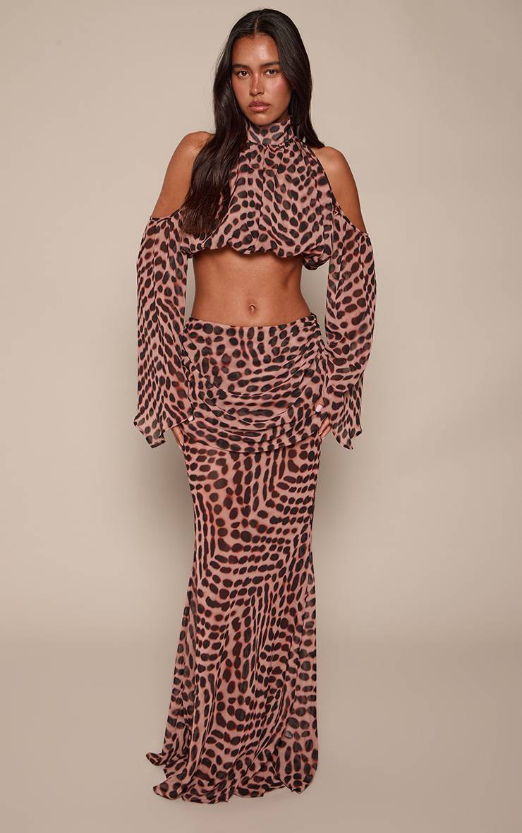 Marron Jupe Longue Coordonnée Taille Drapée Imprimé Abstrait En Mousseline