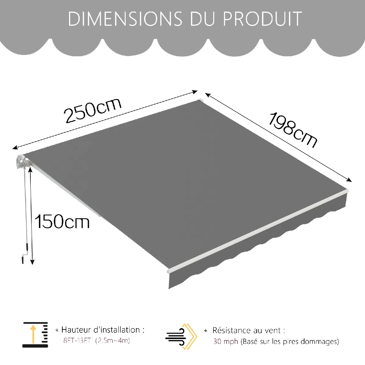 YODOLLA Store Banne Manuel Rétractable - Aluminium Polyester Auvant de Balcon - 2.5 x 2 M - Gris