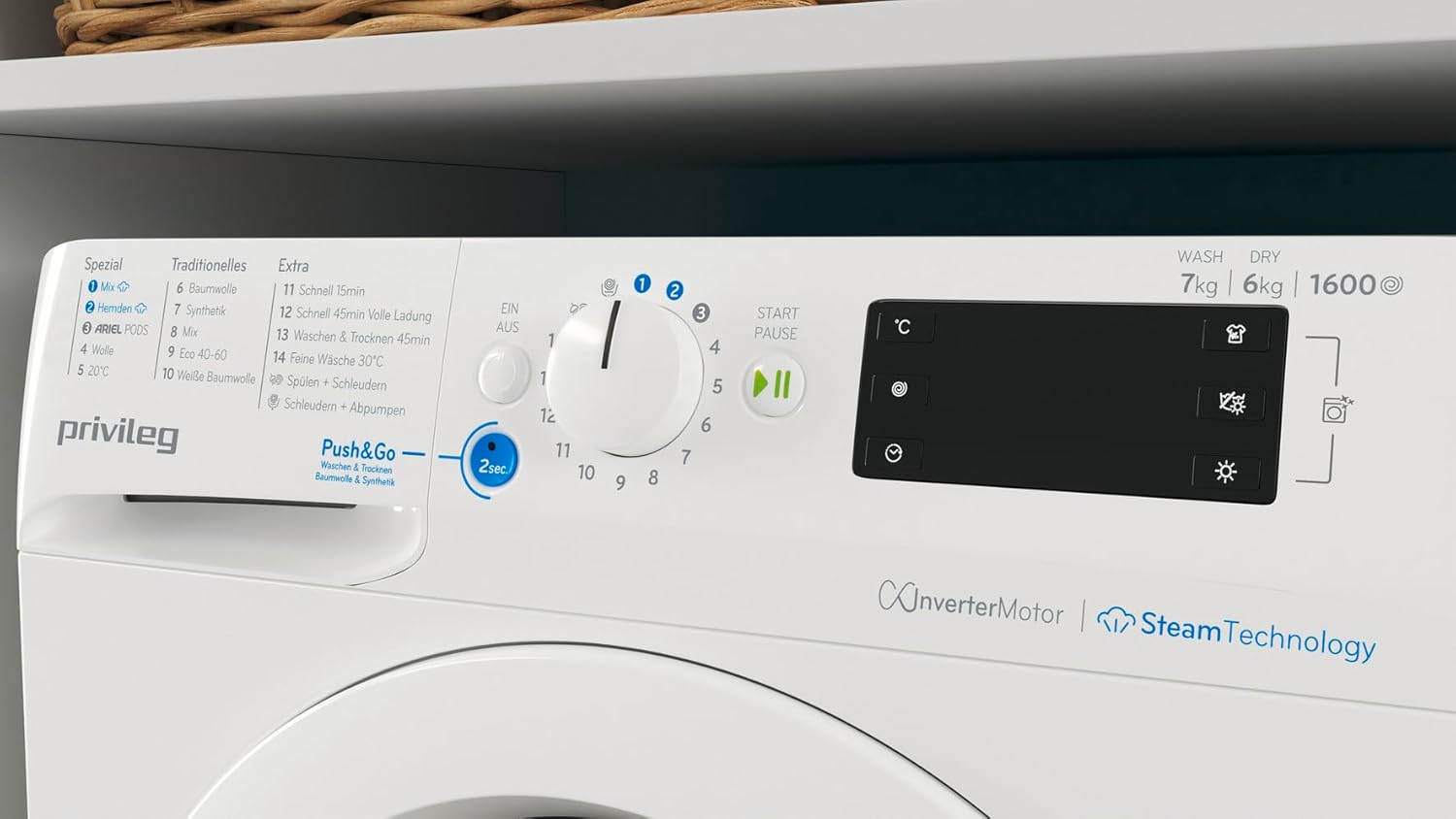 Privileg PWWTV X 76G6 DE N Waschtrockner Frontlader/1600 U/min/Waschen 7 kg/Trocknen 6 kg/ EEK E/Push & Go/Express 30'/ Wolle 20°/Kurz 45'/Inverter-Motor/Mehrfachwasserschutz
