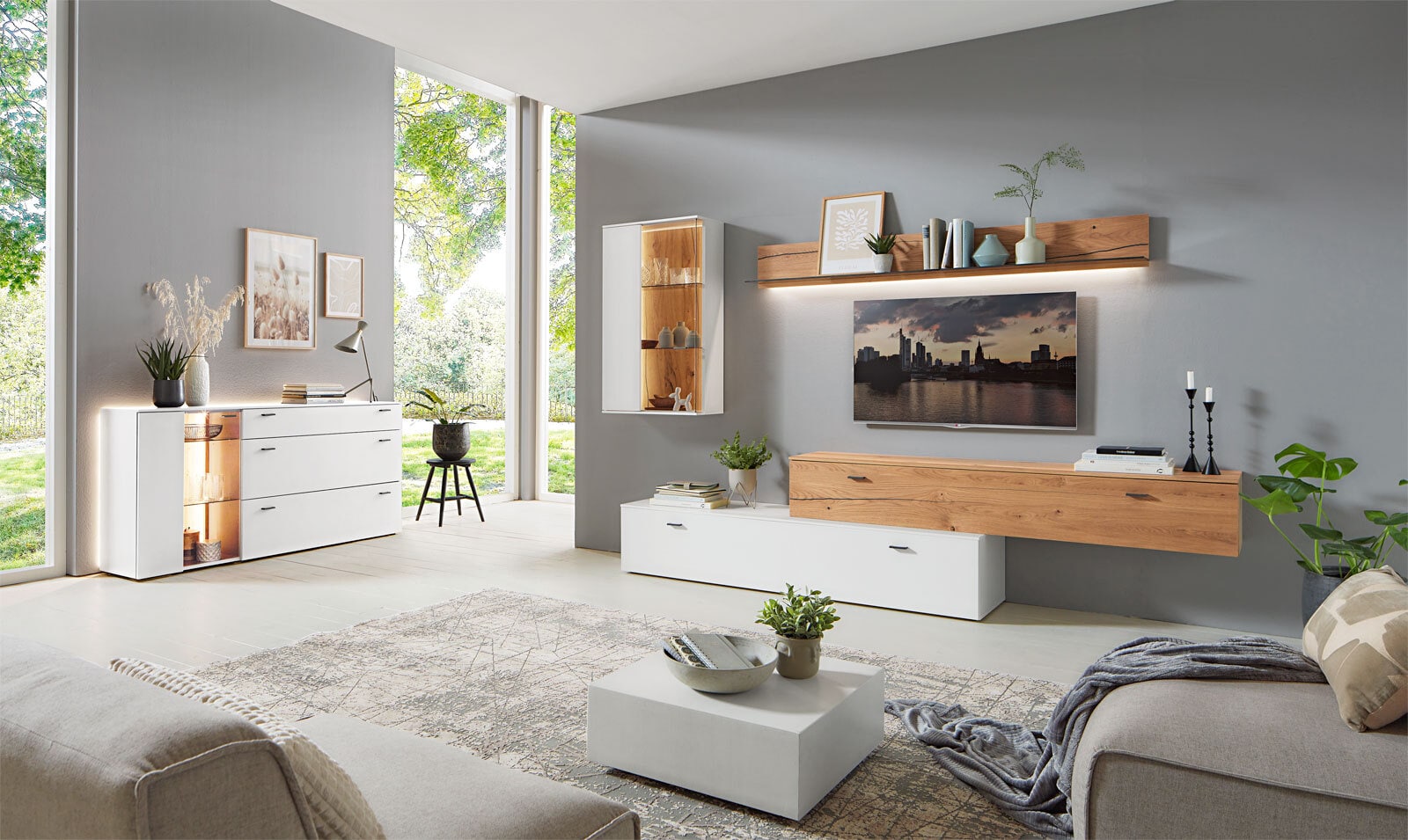 CASAVANTI Wohnwand SERENA 4-teilig 296 x 2026 cm Weiß Risseiche