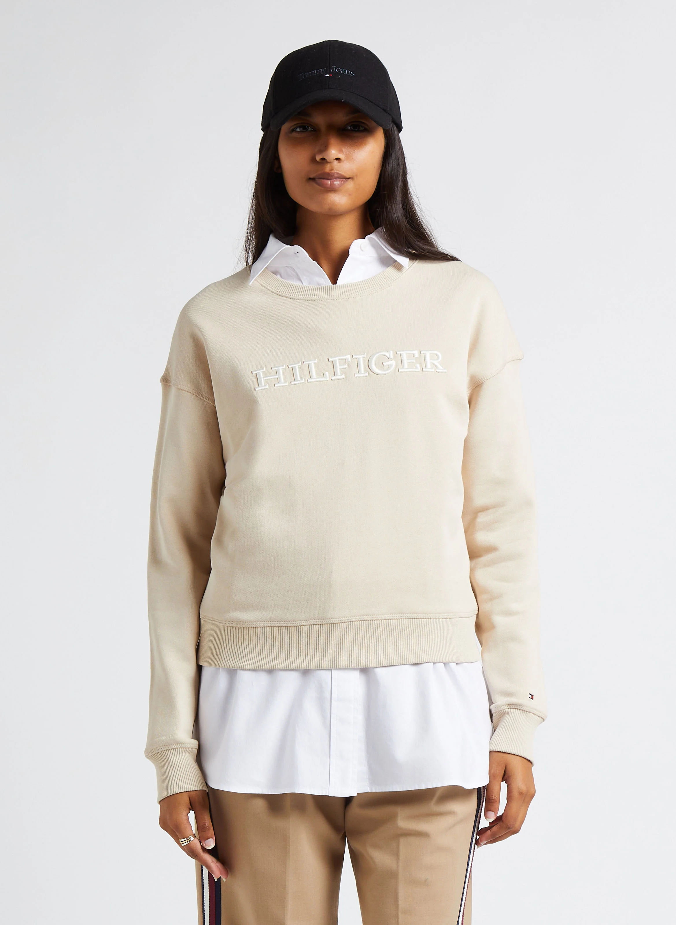 Sweat col rond brodé en coton| Beige