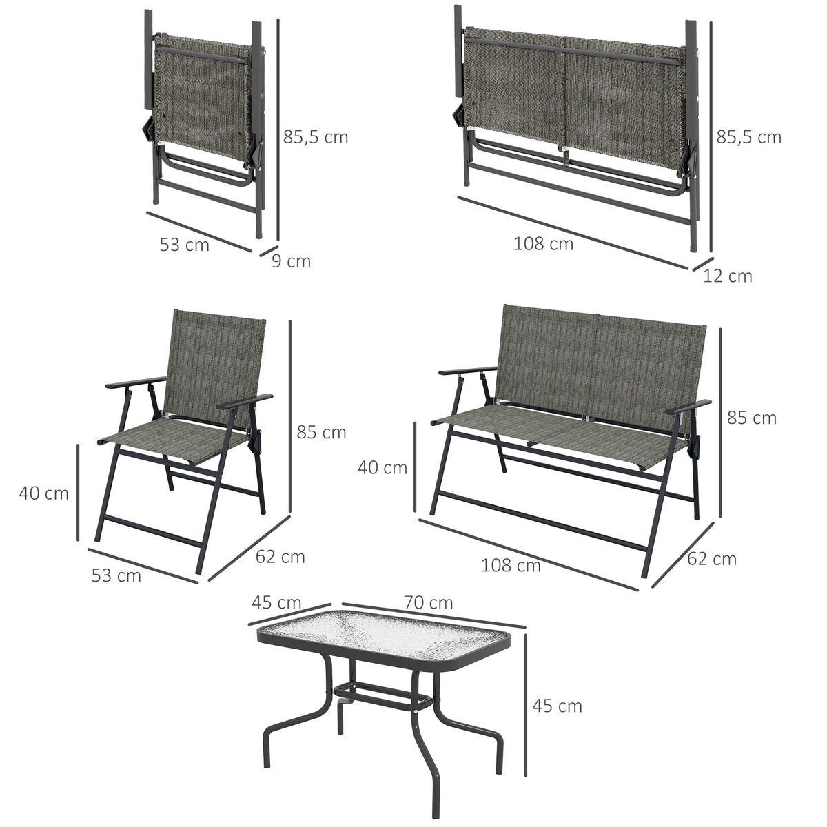Outsunny 4-delige tuinmeubelset, opvouwbare tuinset met 1 tafel, 2 stoelen, 1 tweezitsbank, voor terras, 108L x 62B x 85H cm, metaal, bruin