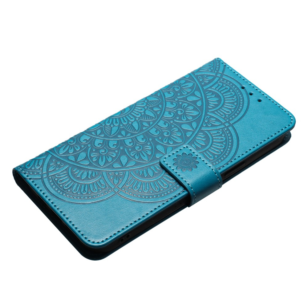 iPhone 16 Pro Leder Tasche Wallet - Mandala Flowers Imprint - Blau