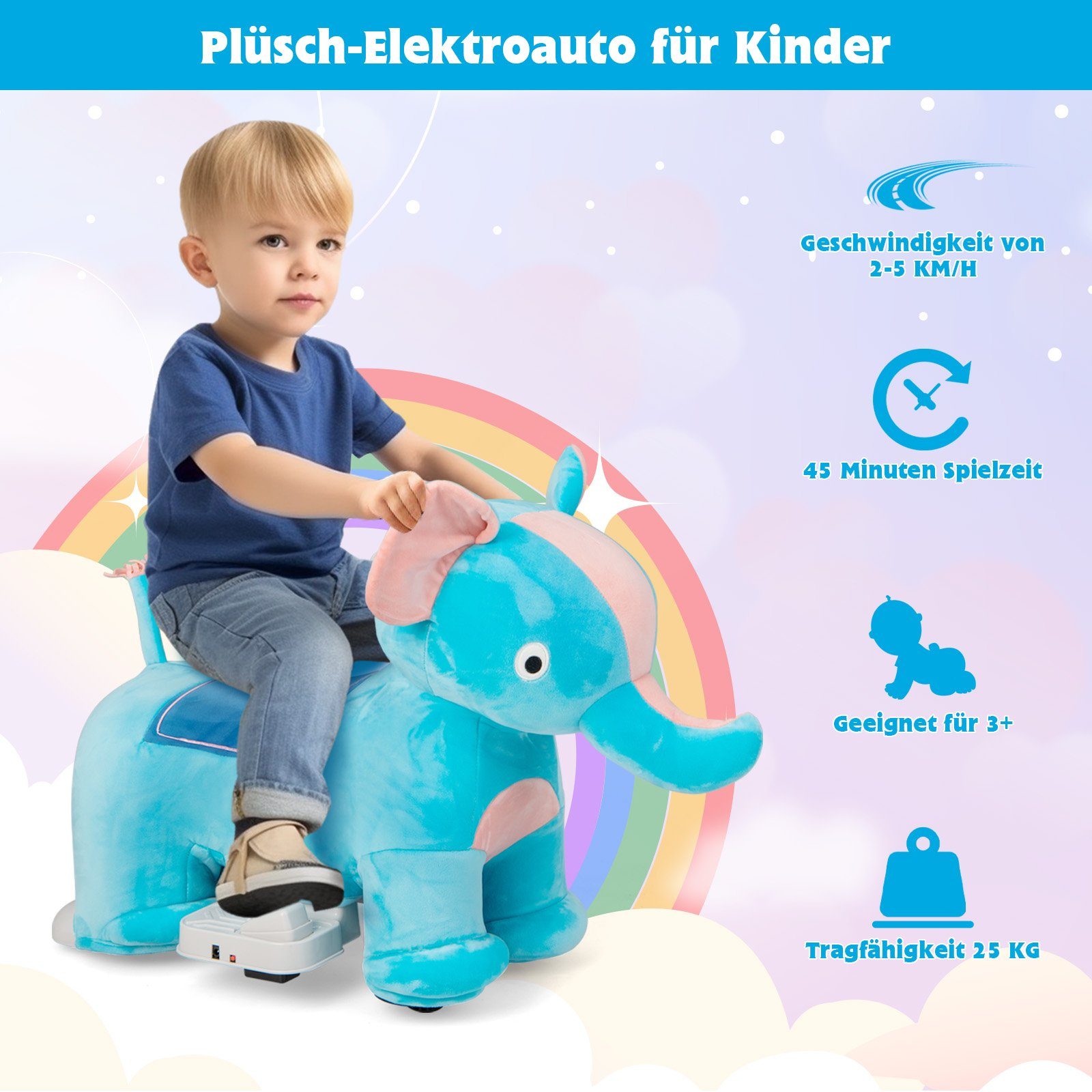 Carrinho elétrico infantil COSTWAY 6V com pelúcia, velocidade de 2 a 5 km/h