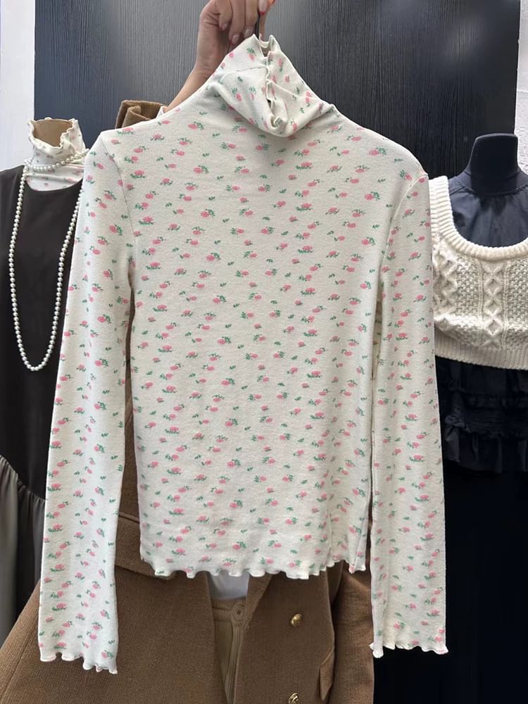 Essere - T-shirt met lange mouwen en hoge hals en bloemenprint en sla-rand