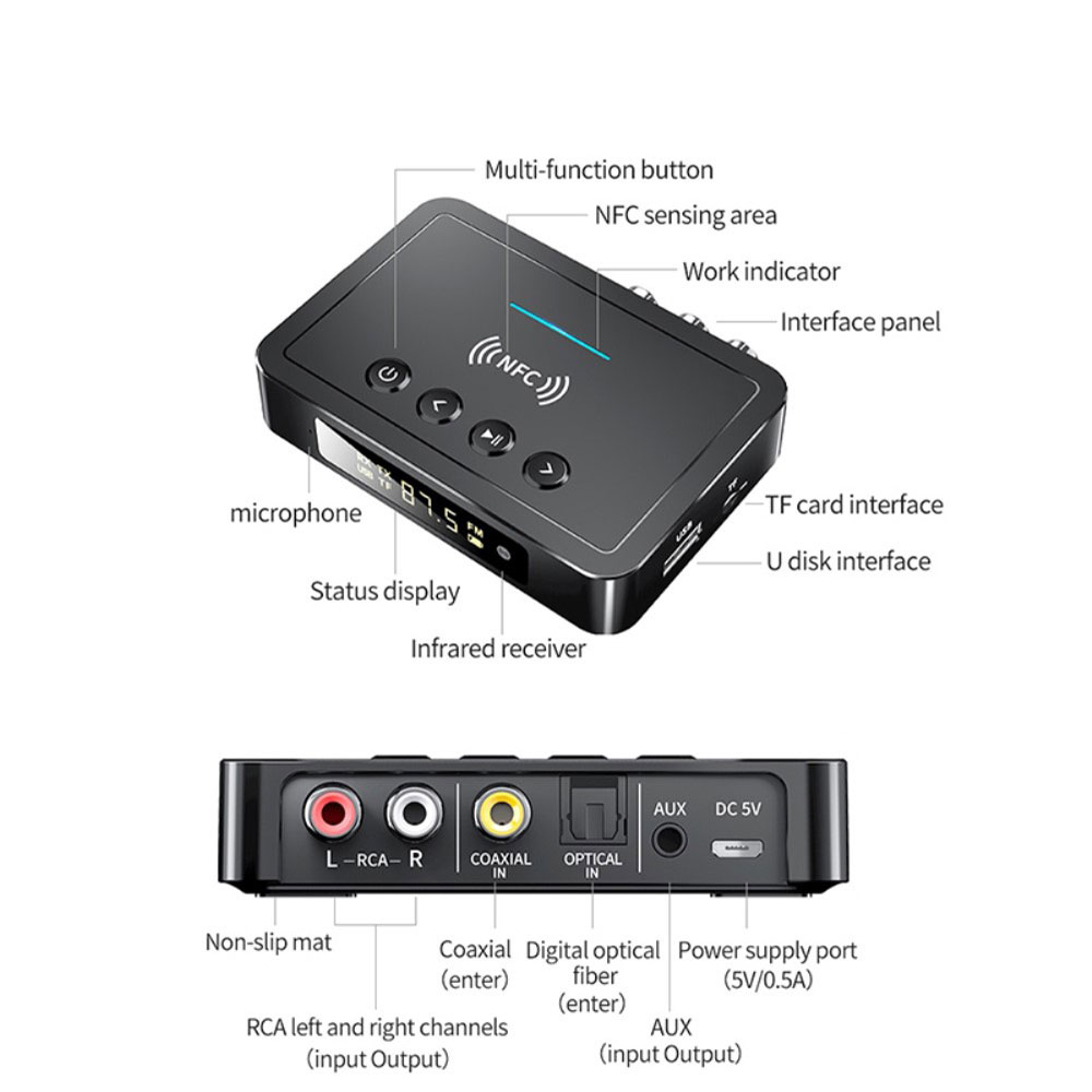 NFC Bluetooth 5.0 HD Audio FM Transmitter / Receiver mit LCD   Optischem SPDIF Toslink / 3.5mm Klinke / Coaxial / Cinch inkl. Fernbedienung - Schwarz