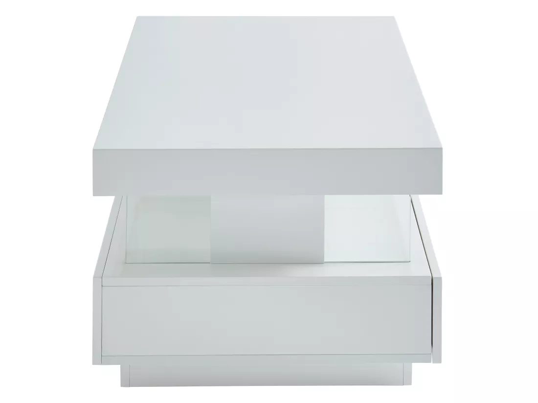 Table basse 2 tiroirs et 2 niches avec LEDs - MDF et verre trempé - Blanc laqué - FABIO II