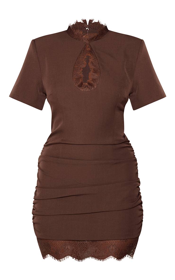 Chocolat Robe Mini Ajustée À Découpe Encolure Et Finitions Dentelle