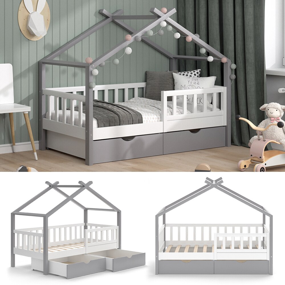 VitaliSpa Kinderbett Hausbett Einzelbett Design Weiß Grau modern 80x160 cm Kinderzimmer Bett Massivholz Lattenrost Schublade Rausfallschutz Schubladenbett