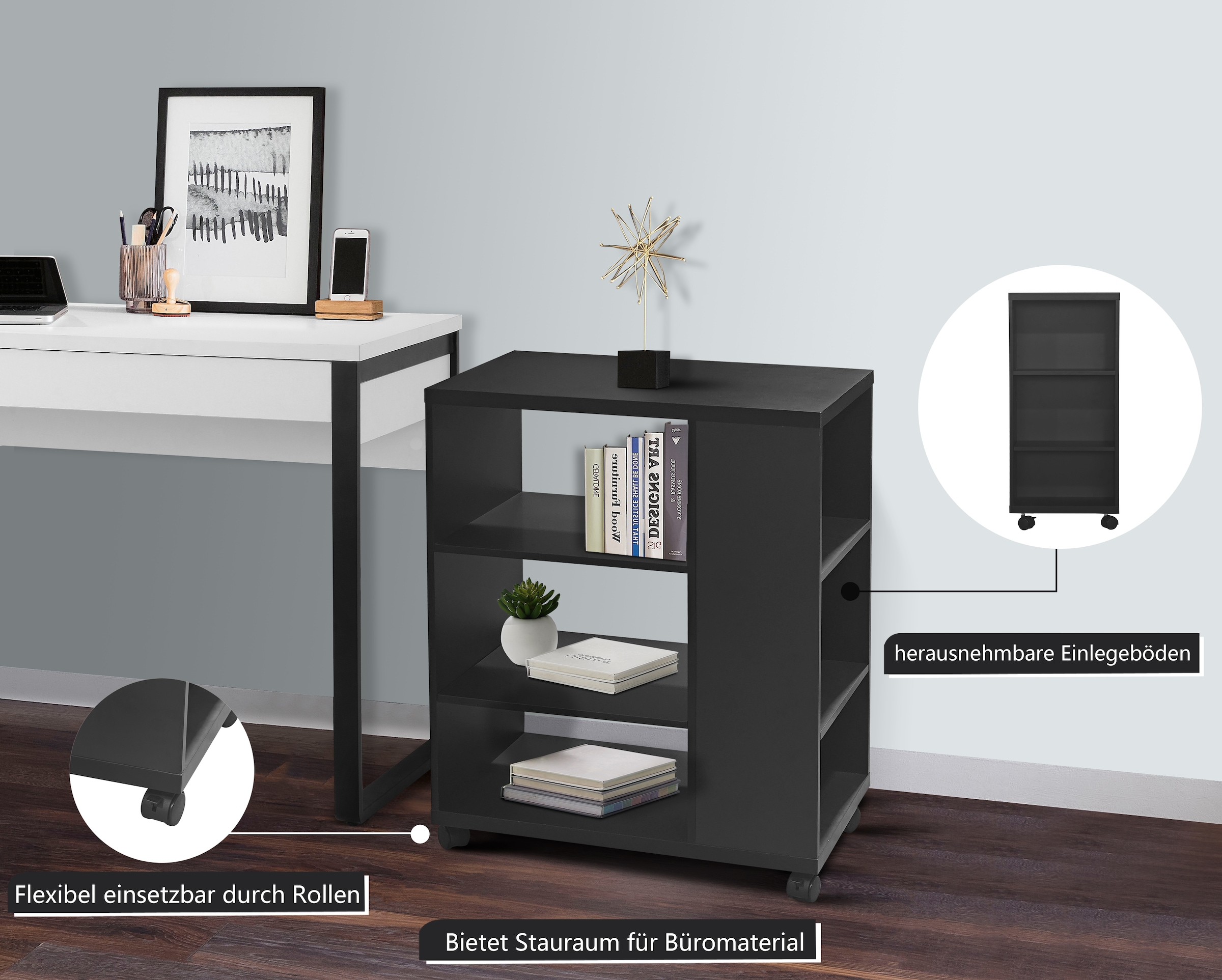 INOSIGN Rollwagen »LOKVE, Rollcontainer, Druckertisch, Rollregal,« Rollen feststellbar, 6 Fächer, Höhe 75 cm