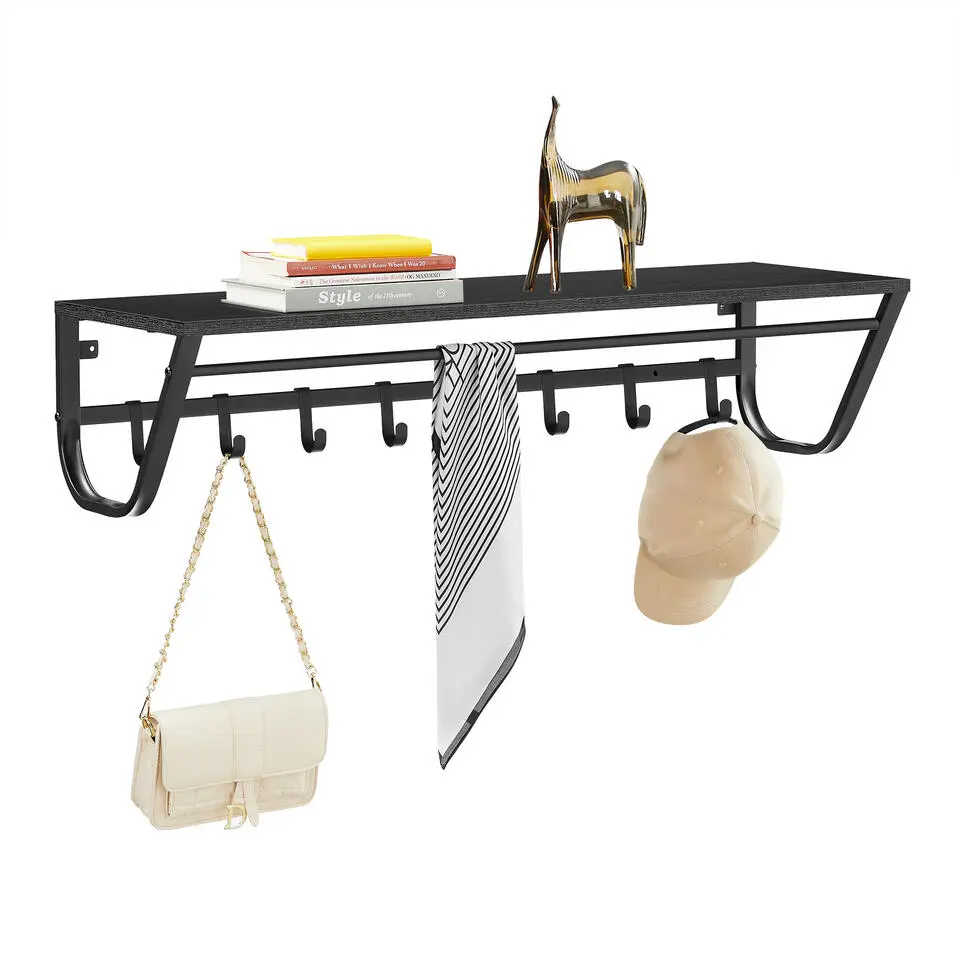 Lange Wandkapstok - 90 cm Lang, 8 Haken, Hoedenplank, Zwart