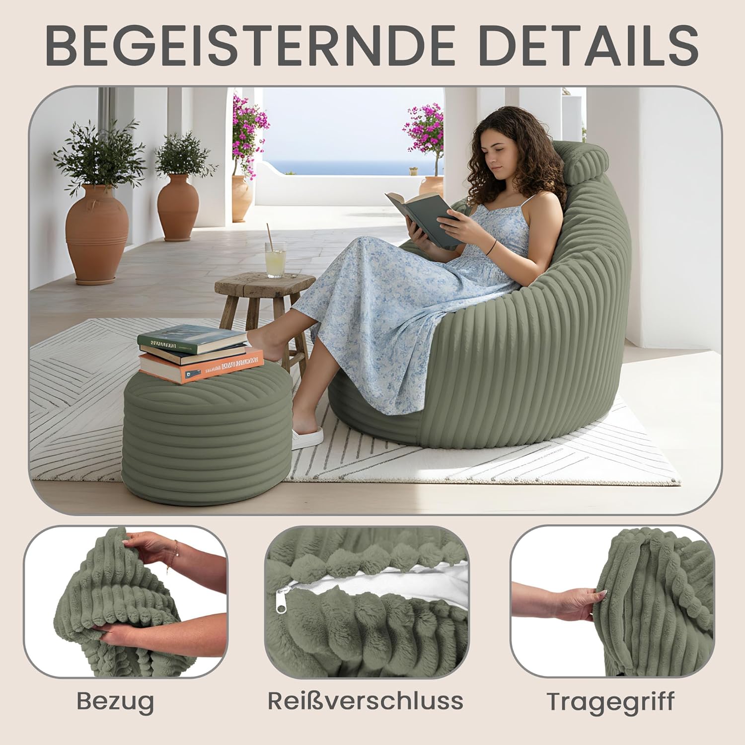DreamRoots Sitzsack Erwachsene - Sessel Wohnzimmer 92x70x100 cm mit Hocker, Kopfstütze und Aufbewahrungstasche - Bean Bag Chair - Lesesessel Bequem Superweich und flauschig Cord 420 g/m² - Grün