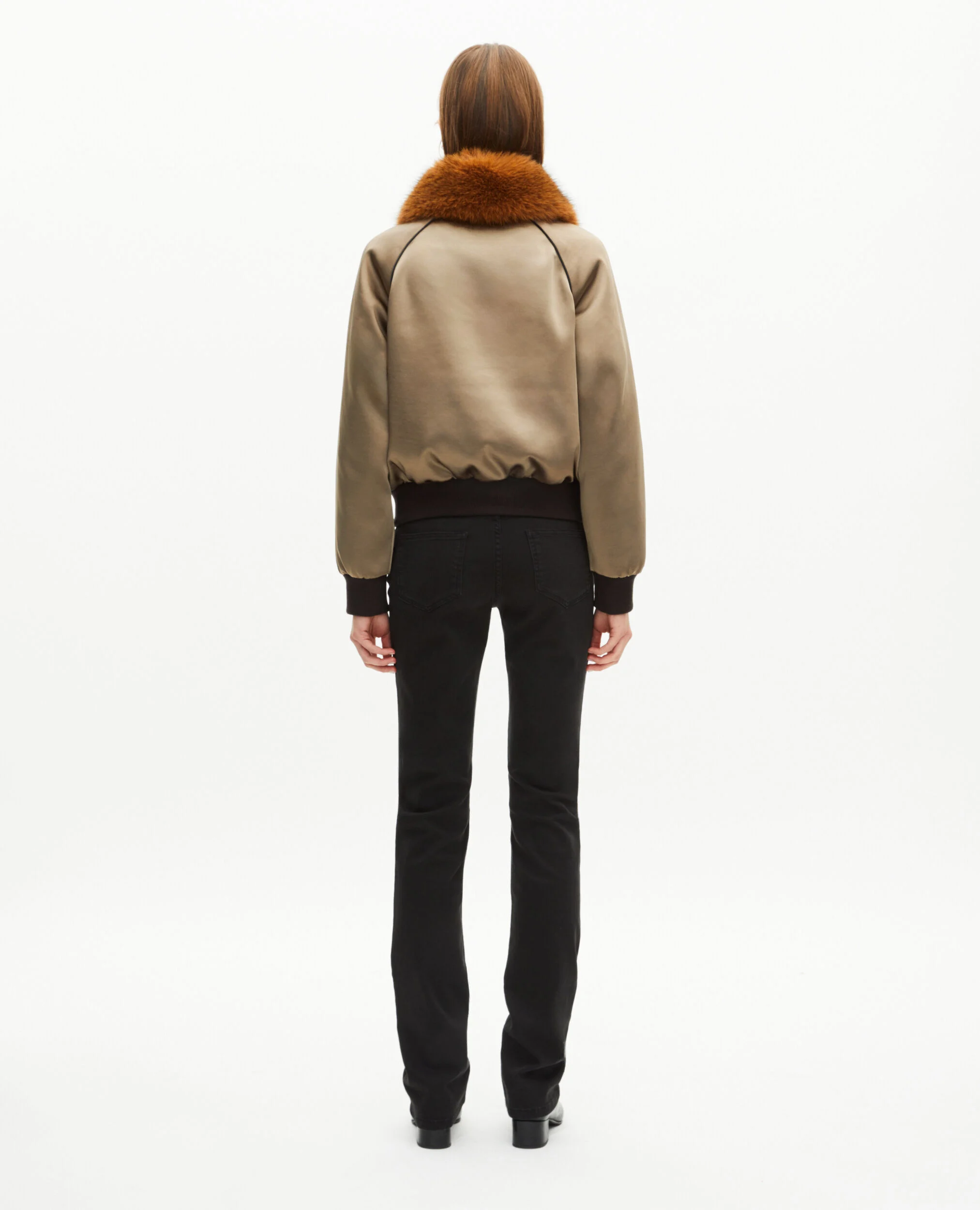 Blouson col fourrure satiné kaki