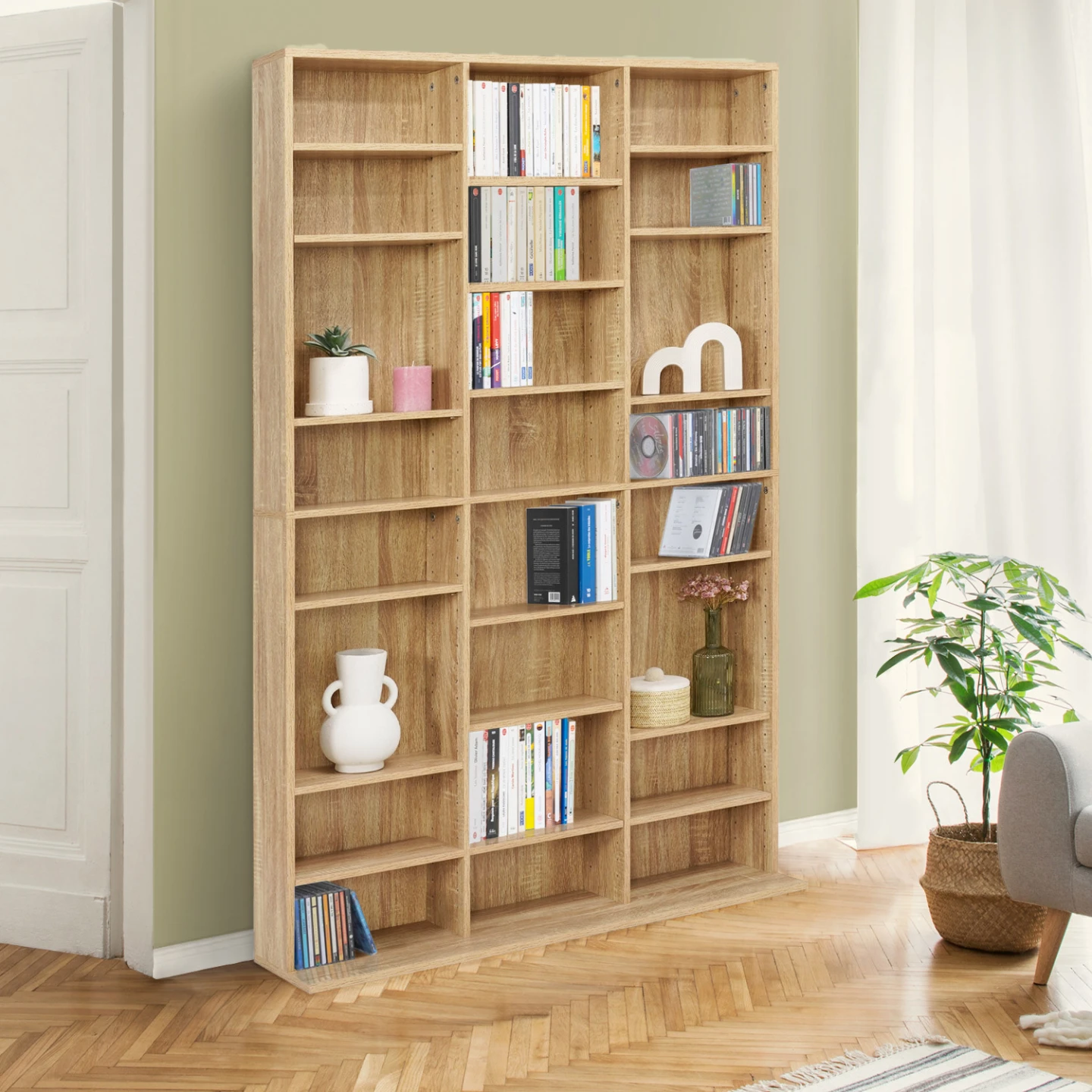 Bibliothèque étagère CD CEYLIA 30 cases avec étagères modulables effet bois