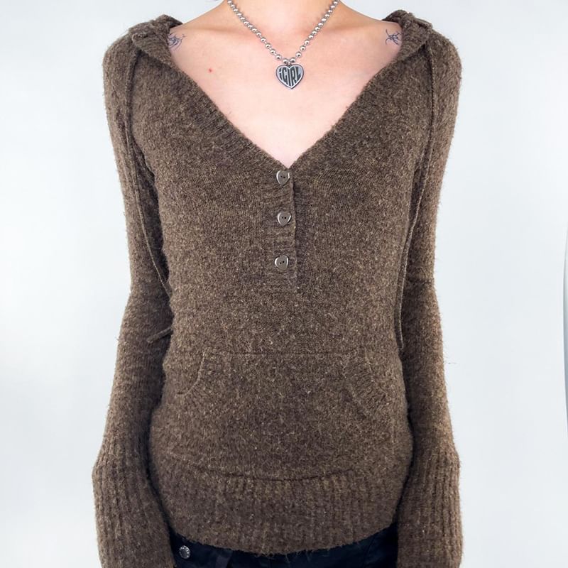 Trisica - Henley top met lange mouwen, V-hals en capuchon, effen gebreid