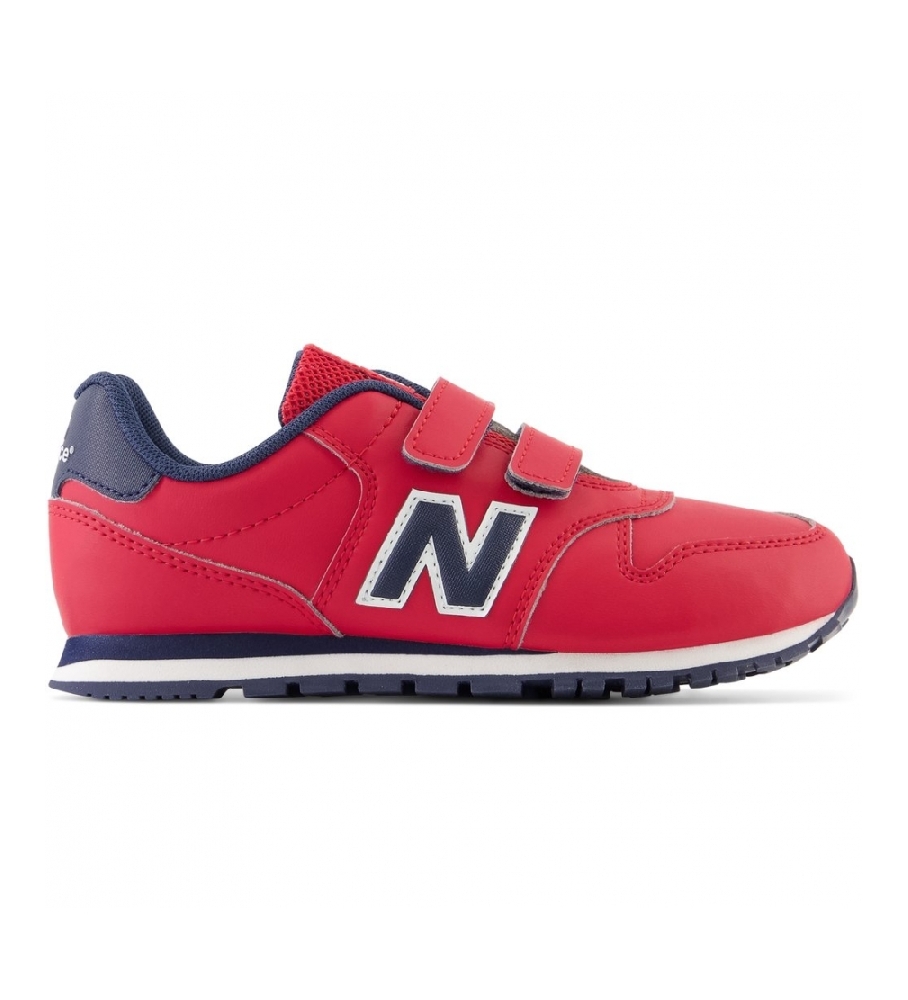 Tênis New Balance 500 com fecho de velcro, cor vermelha.