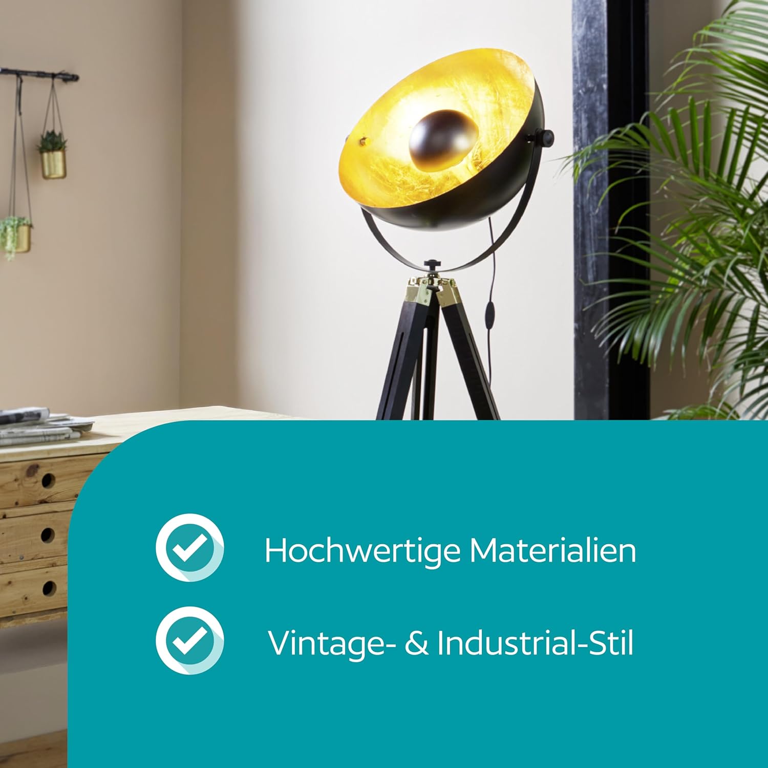 EGLO Stehlampe Covaleda, Stehleuchte Industrial, Vintage Standleuchte aus Holz und Stahl, Wohnzimmerlampe in Schwarz, Gold und Messing, Lampe mit Schalter, E27 Fassung