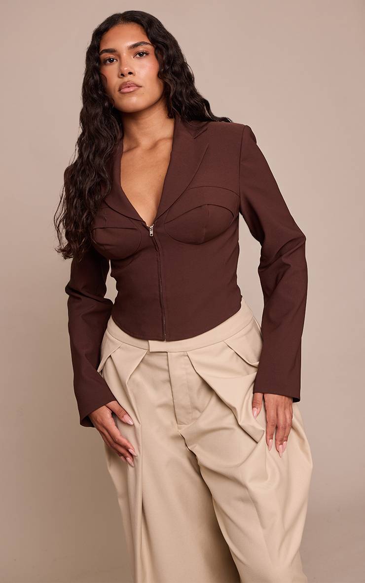 Chocolat Blazer Court Corset À Détail Coupe Sculptant