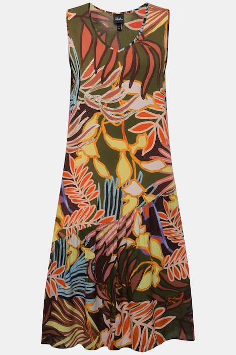 Kleid, Blätter, Volantsaum, V-Ausschnitt, ärmellos